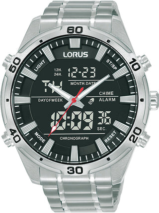 Front view of Lorus RW651AX9 Black Dial Silver Stainless Steel Unisex Watch on white background