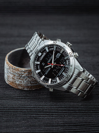 Angle shot of Lorus RW651AX9 Black Dial Silver Stainless Steel Unisex Watch on white background