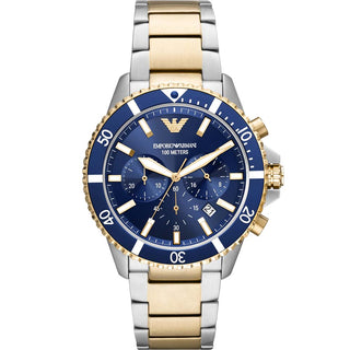 Front view of Emporio Armani Chronograph AR11362 Blue Dial Two Tone Stainless Steel Mens Watch on white background