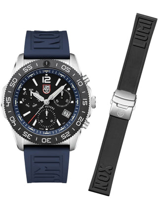 Front view of Luminox Chronograph XS.3143.SET Black Dial Blue Strap Unisex Watch on white background