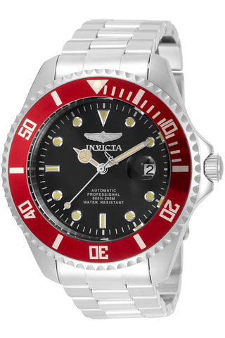 Front view of Invicta Pro Diver INV35854 Black Dial Grey Stainless Steel Mens Watch on white background