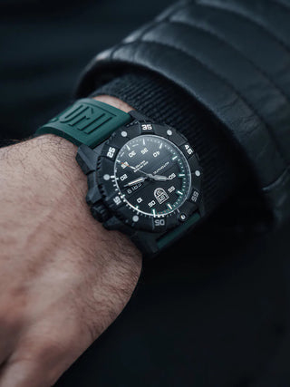 Angle shot of Luminox XS.3877 Black Dial Green Strap Unisex Watch on white background