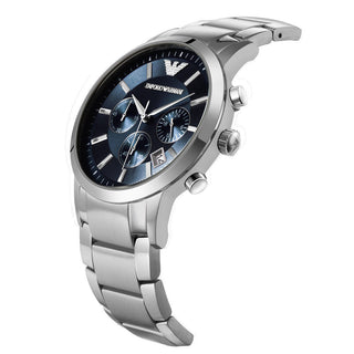 Angle shot of Emporio Armani Renato Chronograph AR2448 Blue Dial Silver Stainless Steel Mens Watch on white background