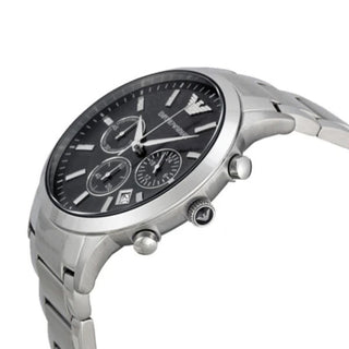 Angle shot of Emporio Armani Classic Chronograph AR2434 Black Dial Silver Stainless Steel Mens Watch on white background