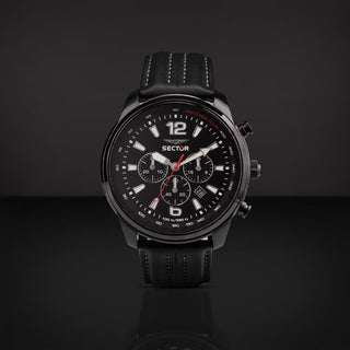 Angle shot of Sector Oversize Chronograph R3271602008 Black Leather Unisex Watch on white background