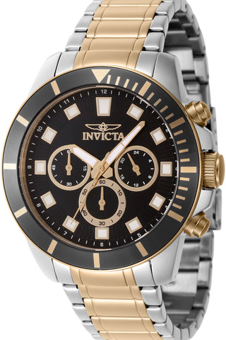 Front view of Invicta Pro Diver Chronograph INV46046 Black Dial Gold Stainless Steel Mens Watch on white background