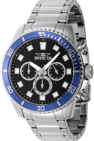 Front view of Invicta Pro Diver Chronograph INV46052 Black Dial Grey Stainless Steel Mens Watch on white background