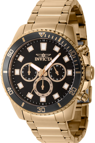 Front view of Invicta Pro Diver Chronograph INV46054 Black Dial Gold Stainless Steel Mens Watch on white background