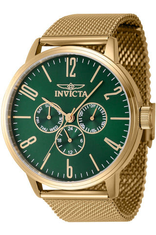 Front view of Invicta Specialty INV47123 Green Dial Gold Stainless Steel Mens Watch on white background