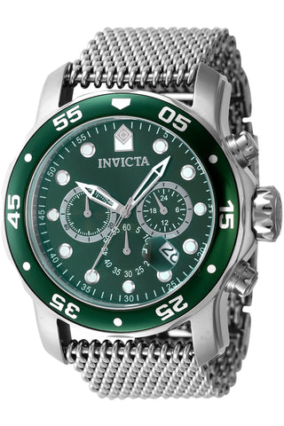 Front view of Invicta Pro Diver Chronograph INV47580 Green Dial Grey Stainless Steel Mens Watch on white background