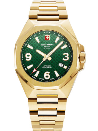 Angle shot of Swiss Alpine Military 7005.1114 Green Dial Gold Stainless Steel Unisex Watch on white background