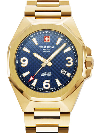 Front view of Swiss Alpine Military 7005.1115 Blue Dial Gold Stainless Steel Unisex Watch on white background