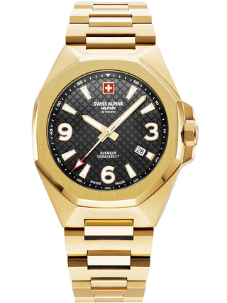 Angle shot of Swiss Alpine Military 7005.1117 Black Dial Gold Stainless Steel Unisex Watch on white background