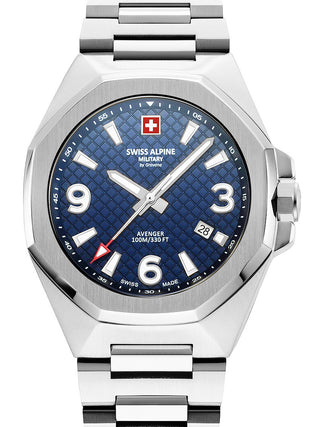 Front view of Swiss Alpine Military 7005.1135 Blue Dial Silver Stainless Steel Unisex Watch on white background