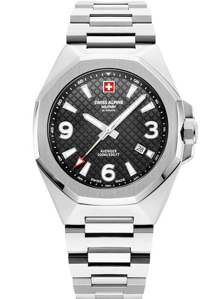 Angle shot of Swiss Alpine Military 7005.1137 Black Dial Silver Stainless Steel Unisex Watch on white background