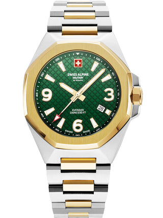 Angle shot of Swiss Alpine Military 7005.1144 Gold Dial Green Stainless Steel Unisex Watch on white background