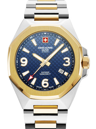 Front view of Swiss Alpine Military 7005.1145 Gold Dial Blue Stainless Steel Unisex Watch on white background