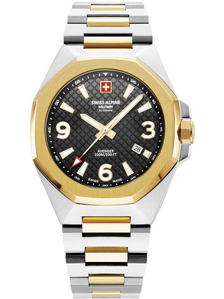 Front view of Swiss Alpine Military 7005.1147 Gold Dial Black Stainless Steel Unisex Watch on white background