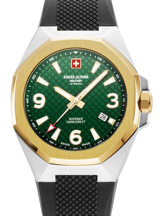 Front view of Swiss Alpine Military 7005.1844 Green Dial Black Silicone Unisex Watch on white background