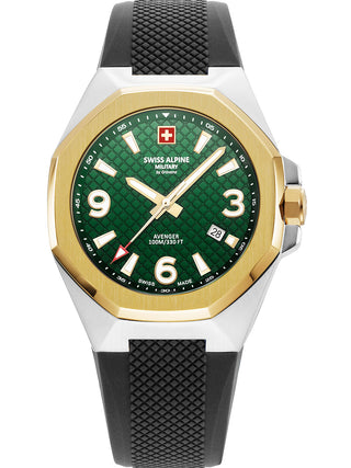 Angle shot of Swiss Alpine Military 7005.1844 Green Dial Black Silicone Unisex Watch on white background