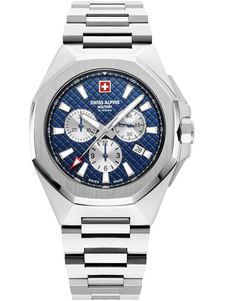 Angle shot of Swiss Alpine Military Chronograph 7005.9135 Blue Dial Silver Stainless Steel Unisex Watch on white background