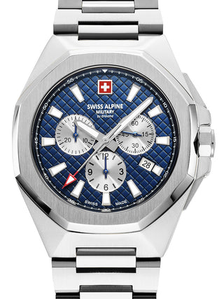 Front view of Swiss Alpine Military Chronograph 7005.9135 Blue Dial Silver Stainless Steel Unisex Watch on white background