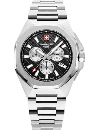 Angle shot of Swiss Alpine Military Chronograph 7005.9137 Black Dial Silver Stainless Steel Unisex Watch on white background