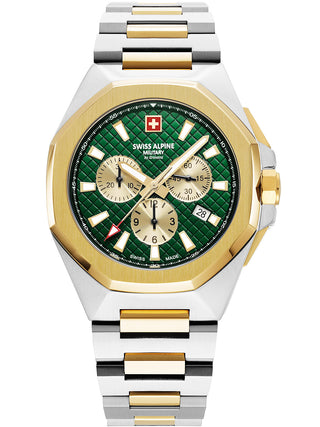 Angle shot of Swiss Alpine Military Chronograph 7005.9144 Green Dial Gold Stainless Steel Unisex Watch on white background