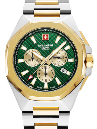 Front view of Swiss Alpine Military Chronograph 7005.9144 Green Dial Gold Stainless Steel Unisex Watch on white background