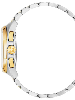 Angle shot of Swiss Alpine Military Chronograph 7005.9145 Blue Dial Gold Stainless Steel Unisex Watch on white background