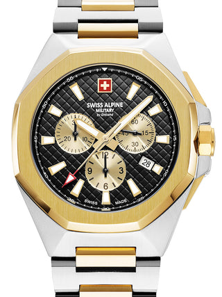 Front view of Swiss Alpine Military Chronograph 7005.9147 Black Dial Gold Stainless Steel Unisex Watch on white background