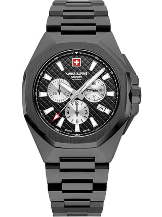 Angle shot of Swiss Alpine Military Chronograph 7005.9177 Black Stainless Steel Unisex Watch on white background