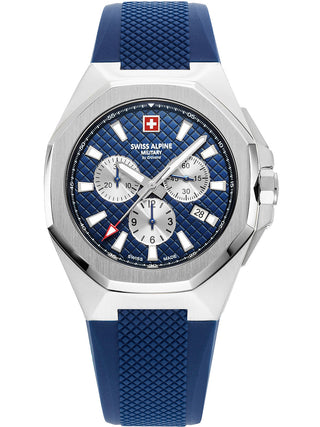 Angle shot of Swiss Alpine Military Chronograph 7005.9835 Blue Silicone Unisex Watch on white background