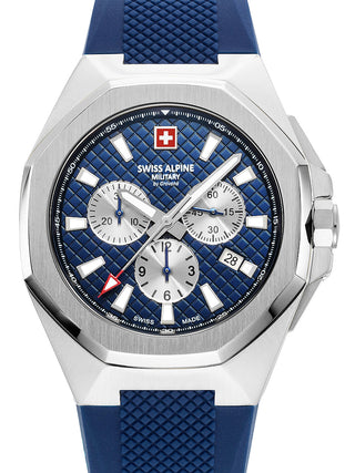 Front view of Swiss Alpine Military Chronograph 7005.9835 Blue Silicone Unisex Watch on white background