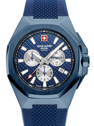 Front view of Swiss Alpine Military Chronograph 7005.9895 Blue Silicone Unisex Watch on white background