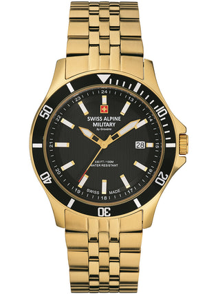 Angle shot of Swiss Alpine Military 7022.1117 Black Dial Gold Stainless Steel Unisex Watch on white background