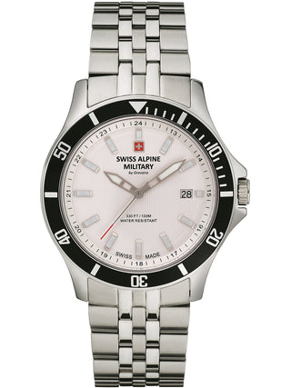 Angle shot of Swiss Alpine Military 7022.1132 White Dial Silver Stainless Steel Unisex Watch on white background