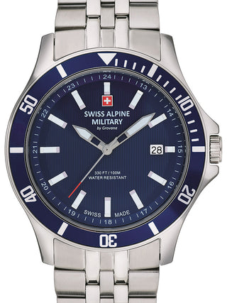 Front view of Swiss Alpine Military 7022.1135 Blue Dial Silver Stainless Steel Unisex Watch on white background