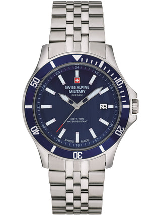 Angle shot of Swiss Alpine Military 7022.1135 Blue Dial Silver Stainless Steel Unisex Watch on white background
