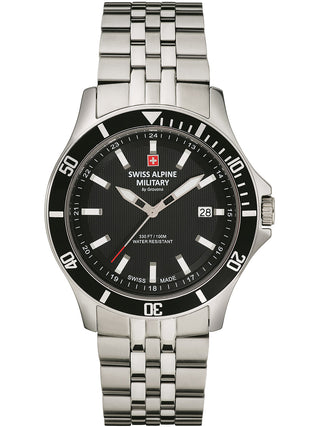 Angle shot of Swiss Alpine Military 7022.1137 Black Dial Silver Stainless Steel Unisex Watch on white background