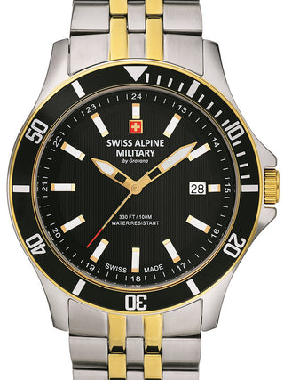 Front view of Swiss Alpine Military 7022.1147 Black Dial Gold Stainless Steel Unisex Watch on white background