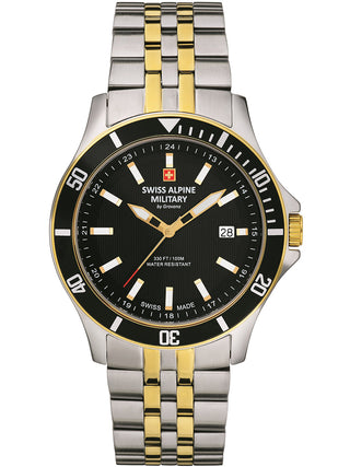 Angle shot of Swiss Alpine Military 7022.1147 Black Dial Gold Stainless Steel Unisex Watch on white background