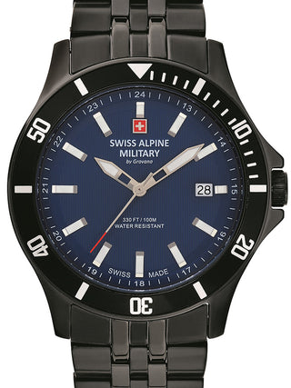Front view of Swiss Alpine Military 7022.1175 Blue Dial Black Stainless Steel Unisex Watch on white background