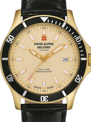 Front view of Swiss Alpine Military 7022.1511 Gold Dial Black Leather Unisex Watch on white background