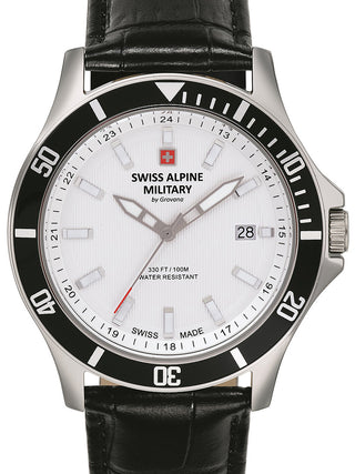 Front view of Swiss Alpine Military 7022.1532 White Dial Black Leather Unisex Watch on white background