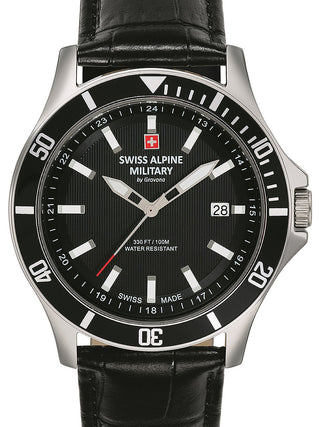 Front view of Swiss Alpine Military 7022.1537 Black Leather Unisex Watch on white background