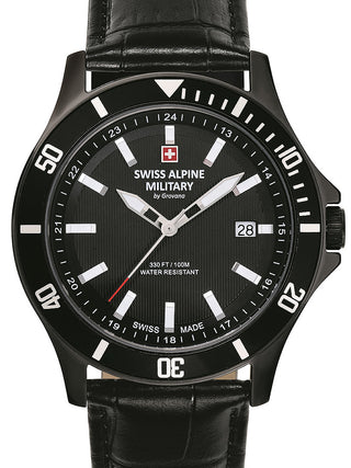 Front view of Swiss Alpine Military 7022.1577 Black Leather Unisex Watch on white background