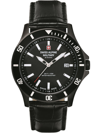 Angle shot of Swiss Alpine Military 7022.1577 Black Leather Unisex Watch on white background
