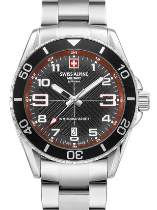 Front view of Swiss Alpine Military 7029.1136 Red Dial Silver Stainless Steel Unisex Watch on white background