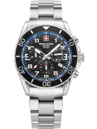 Angle shot of Swiss Alpine Military Chronograph 7029.9135 Black Dial Silver Stainless Steel Unisex Watch on white background